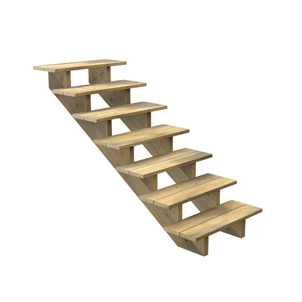 Escalera exterior de madera - 7 peldaños - ancho = 80 cm - peldaños cortables - sin contrahuellas - pino del norte - tratado en autoclave