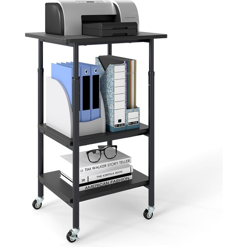 Regulowana Wysokość Podstawy pod Drukarkę, Mobilna Szafka na Drukarkę, 3-poziomowa Półka na Kółkach na Faks, Dokumenty, do Biura, Kuchni (Czarna)