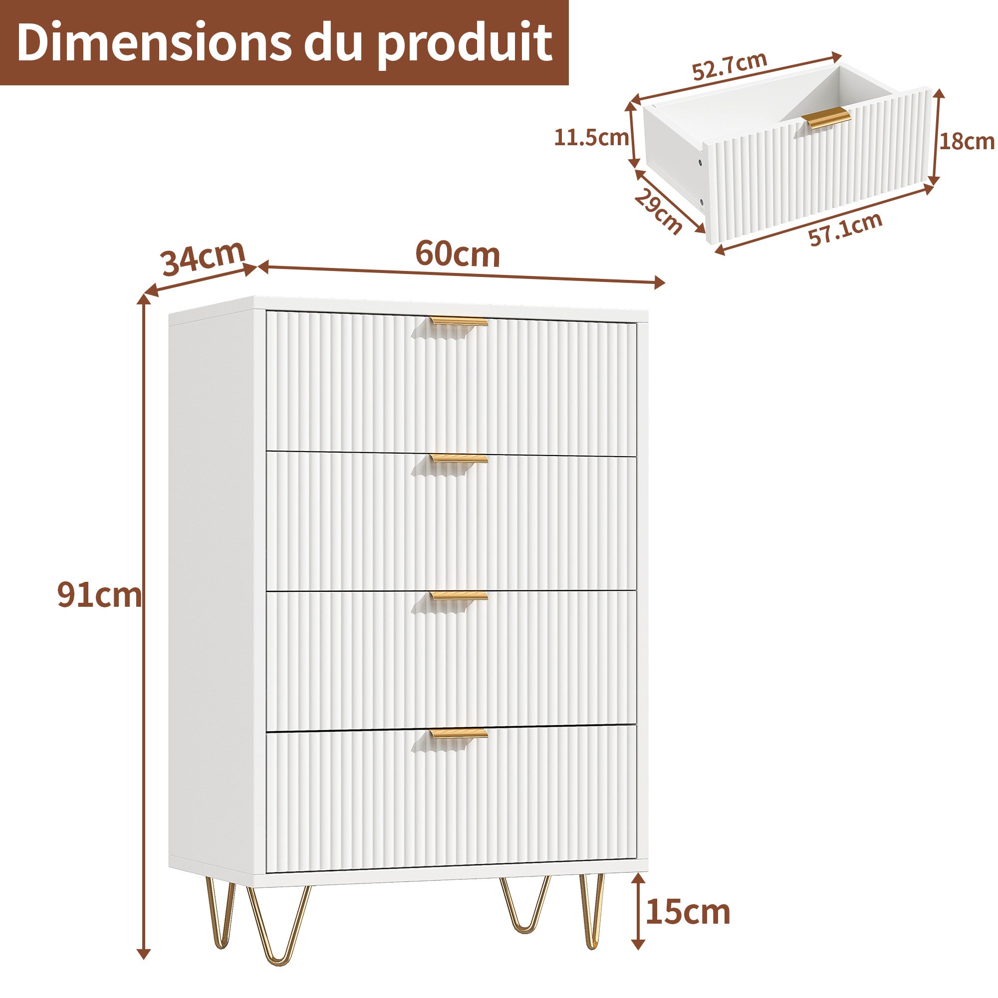 Commode 4 tiroirs blanche avec façade à motif ondulé, poignées dorées et pieds en métal, style moderne, grand espace de rangement - 5