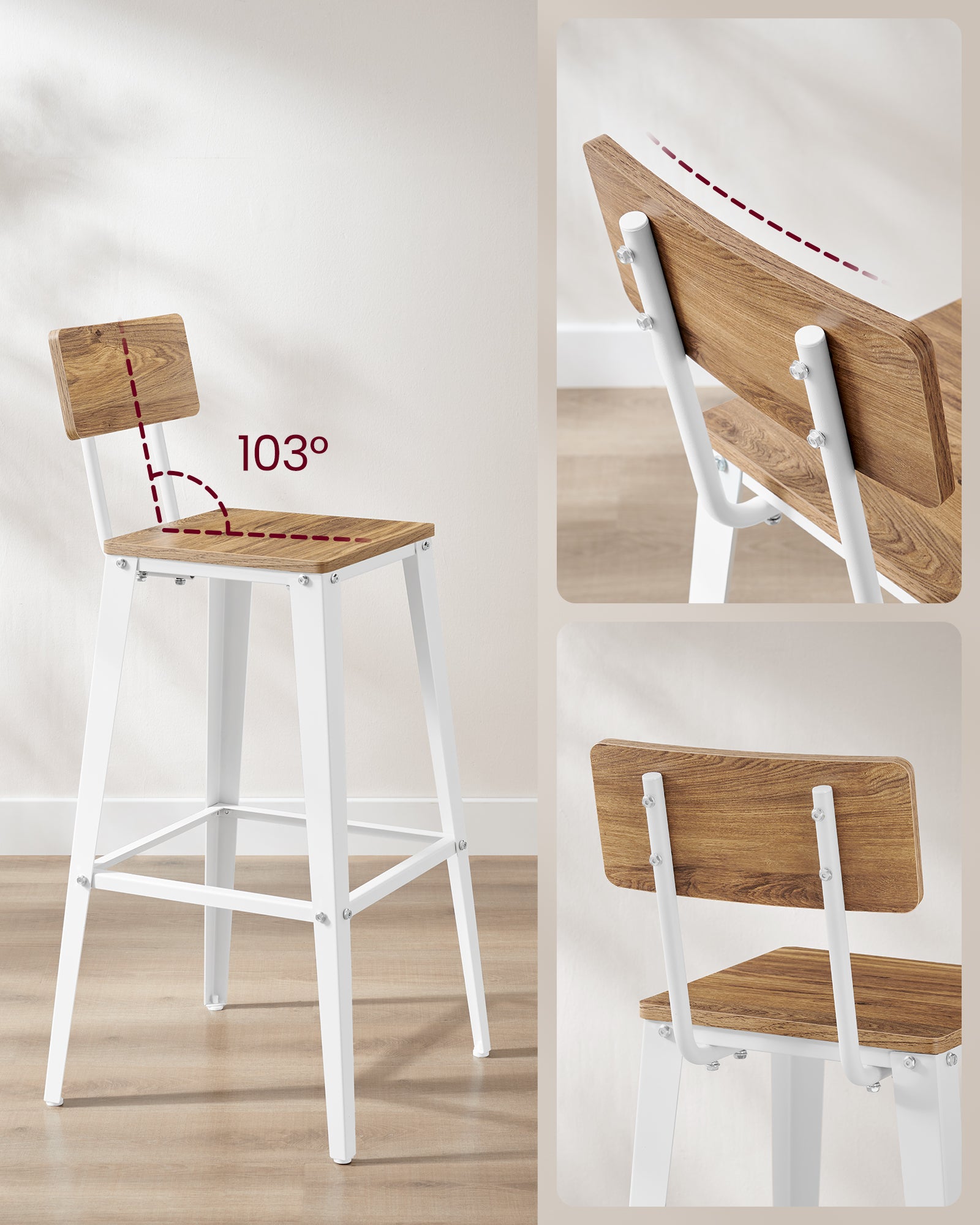 Tabouret Bar Industriel, Lot de 2, Chaise Bar Cuisine, avec Dossier, Cadre en Acier, Montage Facile, Style Industriel, Marron Blé et Blanc Nuage - 4