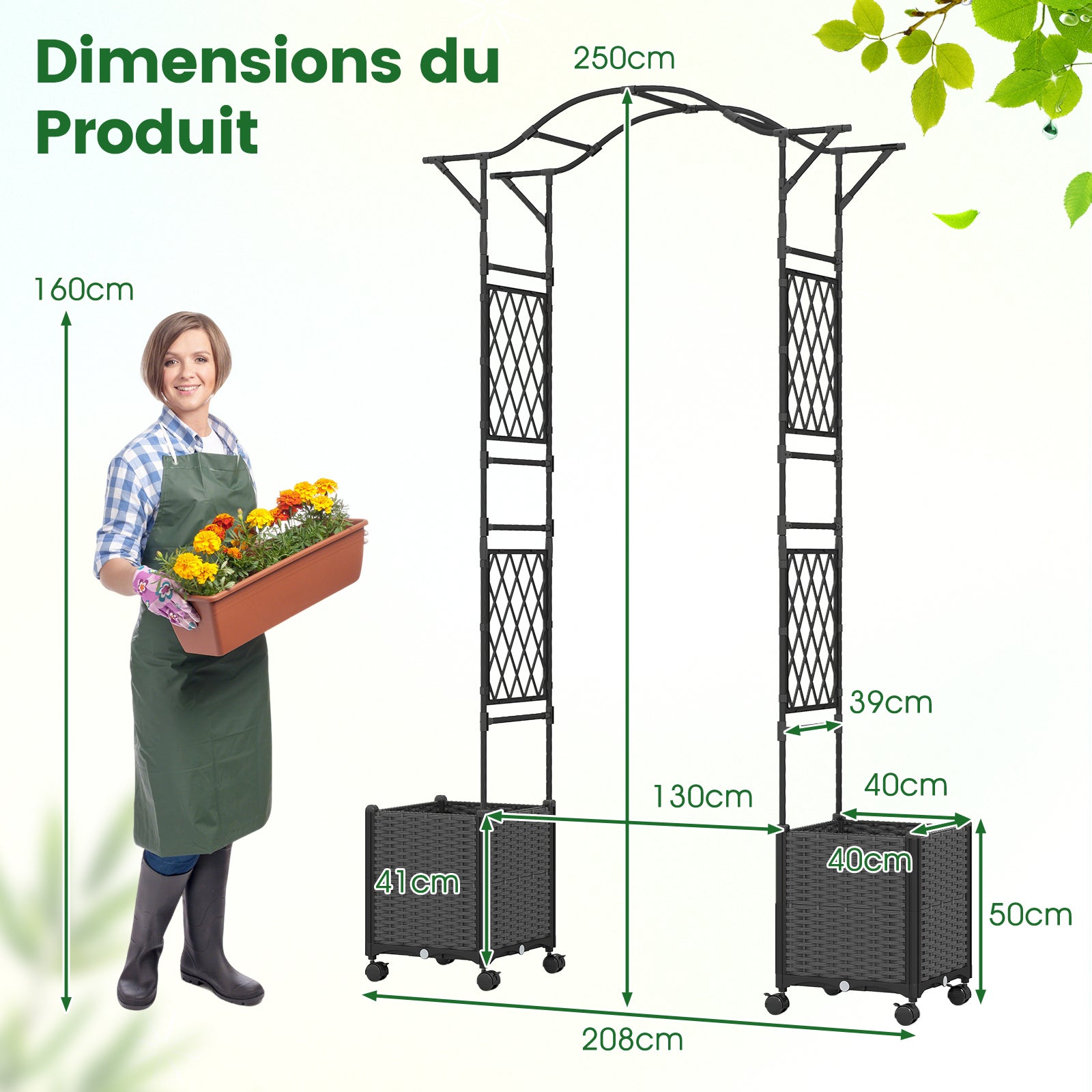 Arche de Jardin 208 CM avec 2 Bacs Jardinière et Treillis, Pergola Extérieur en Métal Revêtu de PE Antirouille avec d'Auto-Arrosage Roues, Gris - 3