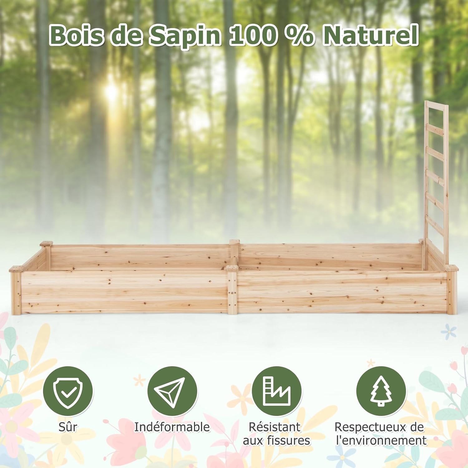 Jardinière Surélevée avec 1 Treillis, Bac à Fleurs Extérieur en Bois avec Compartiments Divisés, Assemblage DIY - 3