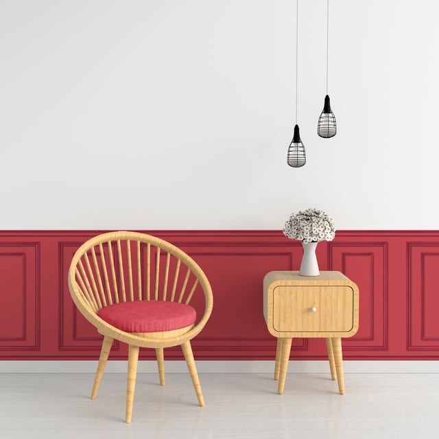 Papier peint panoramique, rouge framboise, effet garantit trompe l'oeil, boiseries soubassement, 75 cm X 200 cm