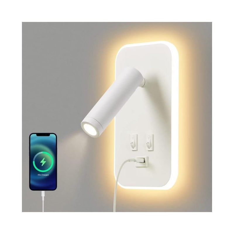 Kinkiet wewnętrzny LED, lampka nocna, z włącznikiem, z portem USB, 13W, biały