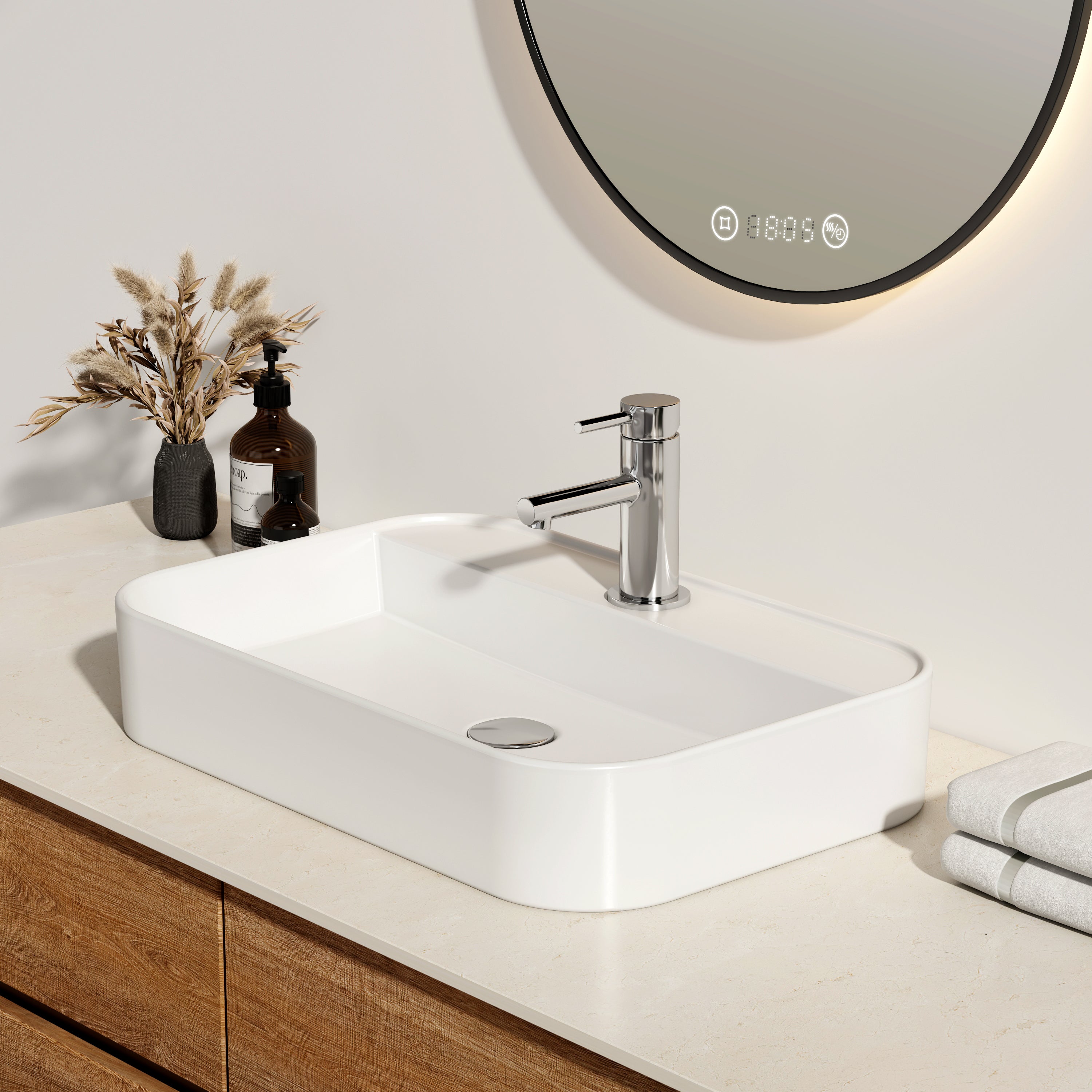 EMKE Umywalka ceramiczna 60x40x11 cm, Prostokątna Umywalka nablatowa z nawierconym otworem na baterię, brylantowa biel