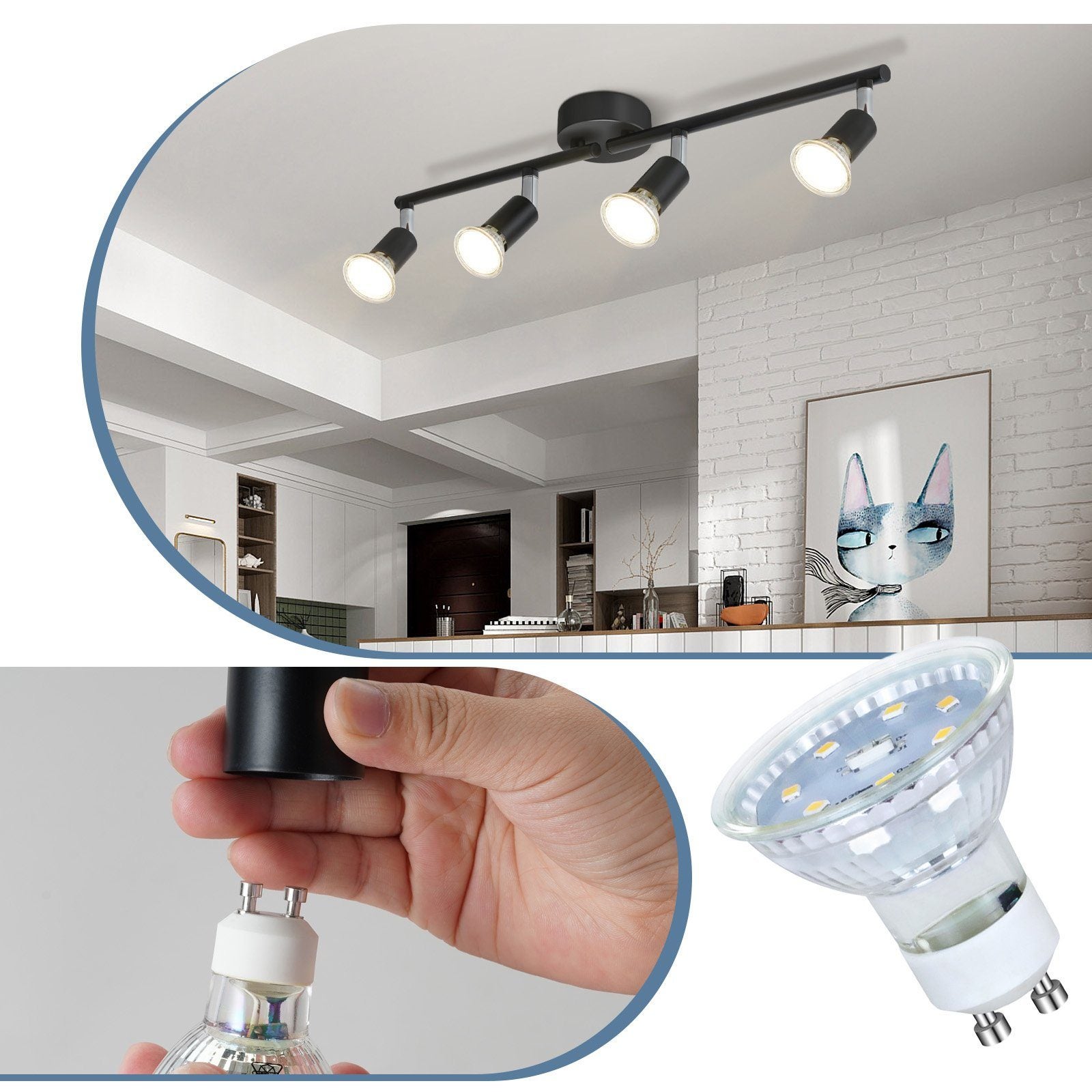 NETTLIFE Lámpara de Techo LED Negra de 4 Focos GU10 Lámpara Industrial Moderna Giratoria 330° para Pasillo Cocina Dormitorio Sala de Estar Infantil - 8