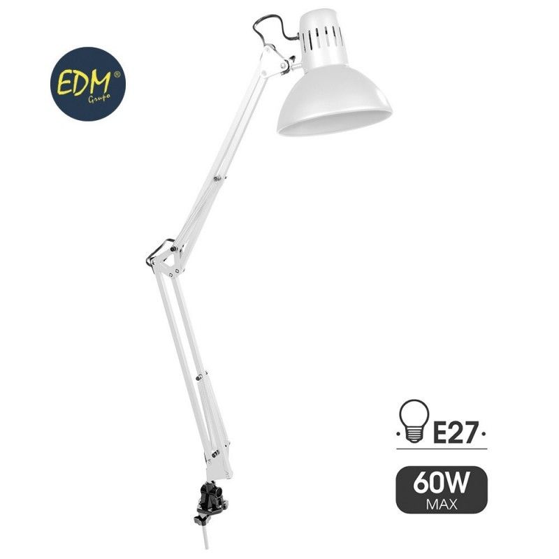 Lampe d'architecte avec pince de fixation EDM - 60W - E27 - Blanc - 7