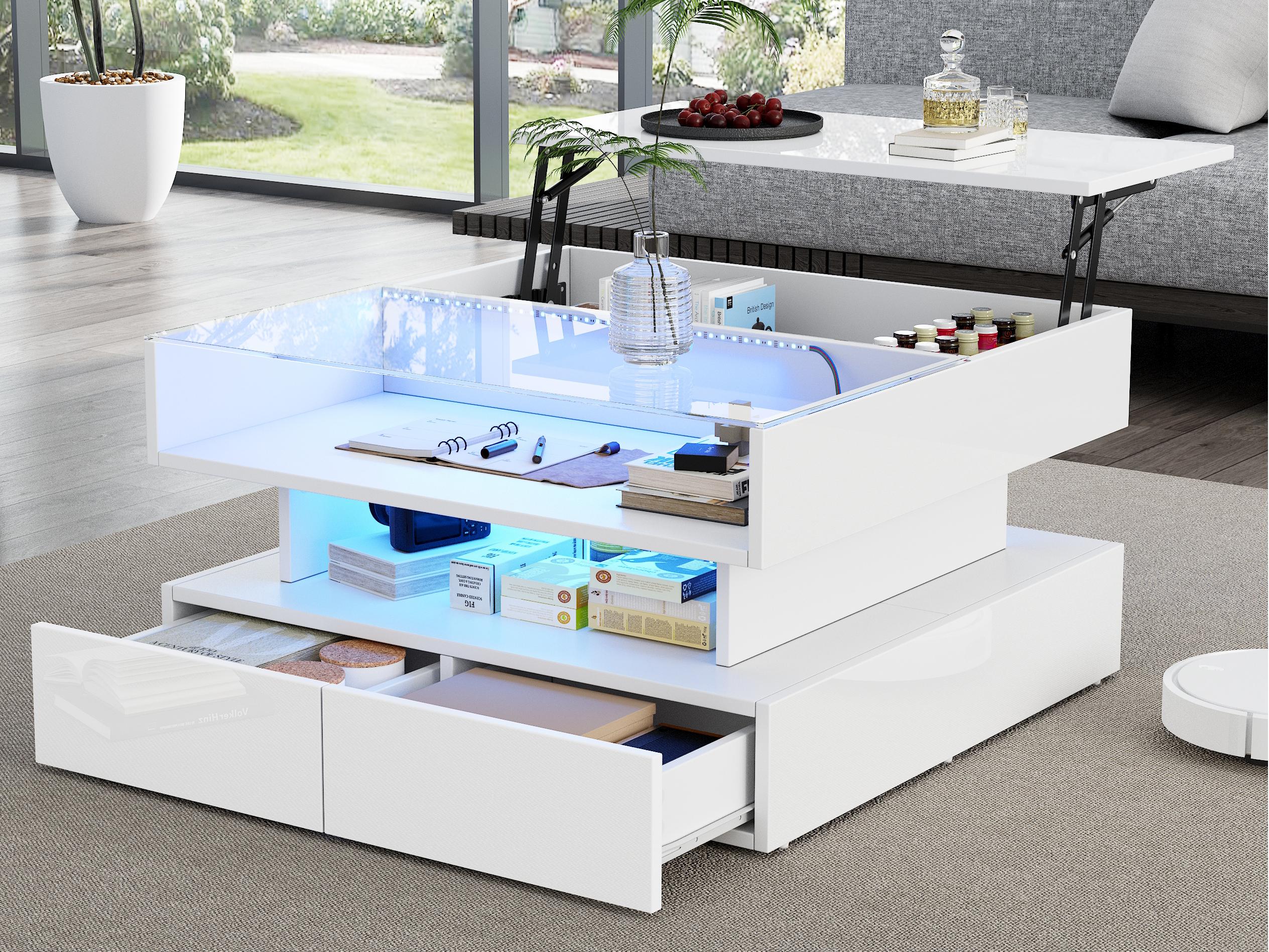 Podnoszony stolik kawowy 80 x 80 x 45 cm – 2 szuflady – z oświetleniem LED – połysk – szkło hartowane – kolor biały