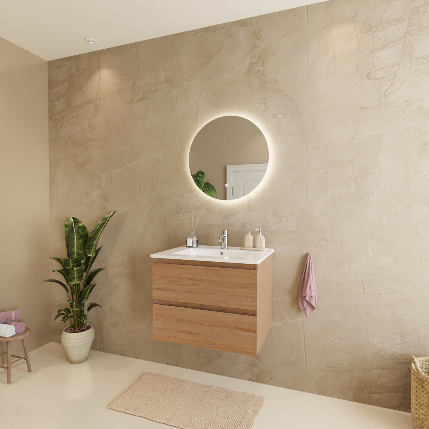 LOMAZOO Meuble De Salle De Bain Marenza Chêne Clair 60cm - Lavabo Blanc - 2