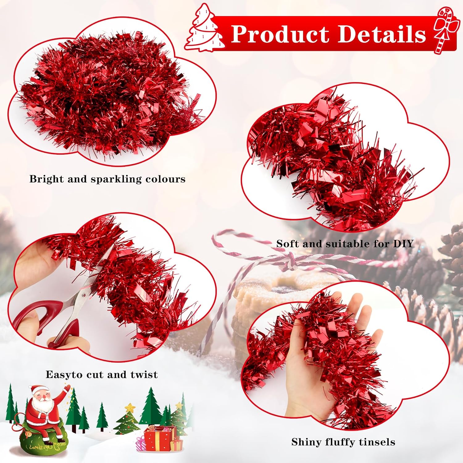 Guirlanda de decoração de Natal com 4 peças, guirlanda para árvore de Natal interna e externa - vermelha - 2