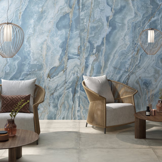 Carrelage sol et mur poli effet marbre Bavaro bleu cobalt 120x120 cm - Réflex boutique