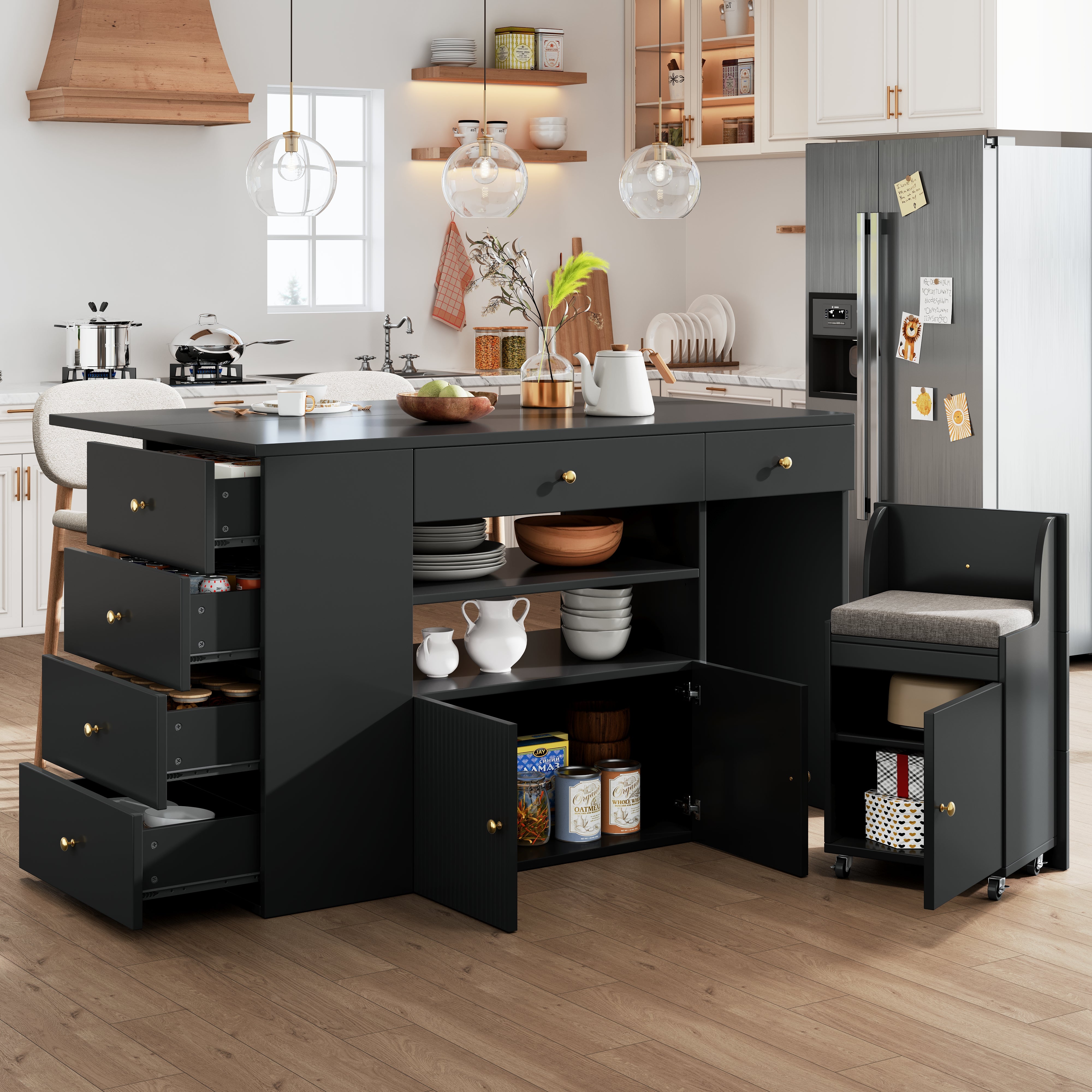 Wyspa kuchenna - Rozkładany blat - 140x70x89 cm - 3 drzwi i 6 szuflad - ze stołkami - MDF - Czarna
