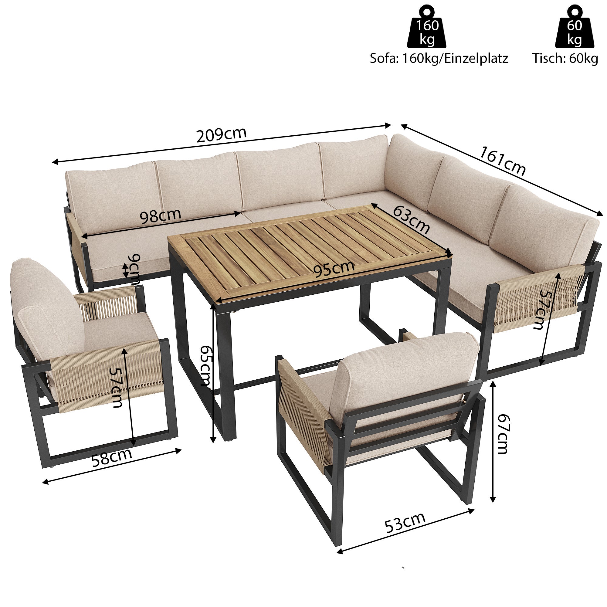 Conjunto Jardin Exterior Sofá Esquinero Para 6-8 Personas De Chapa Galvanizada, 2 Sillones + Mesa Tablero de Acacia, Muebles Terraza Balcón - Beige - 3