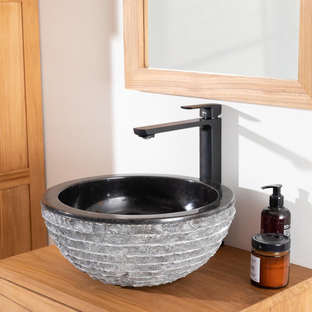 Lavabo De Piedra Volcánica Negro Redondo 40 Cm - Mármol Natural, Interior Pulido, Exterior Martillado, único