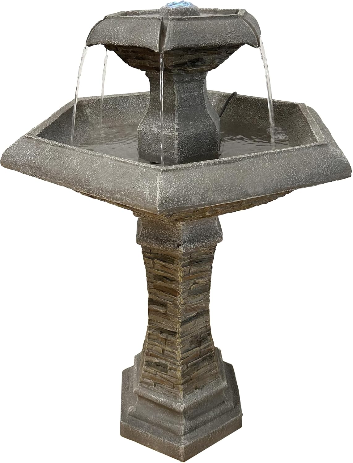 Fontanna ogrodowa Hexagon Elegance z oświetleniem LED, wodospad, kąpiel dla ptaków, dekoracja ogrodu, fontanna
