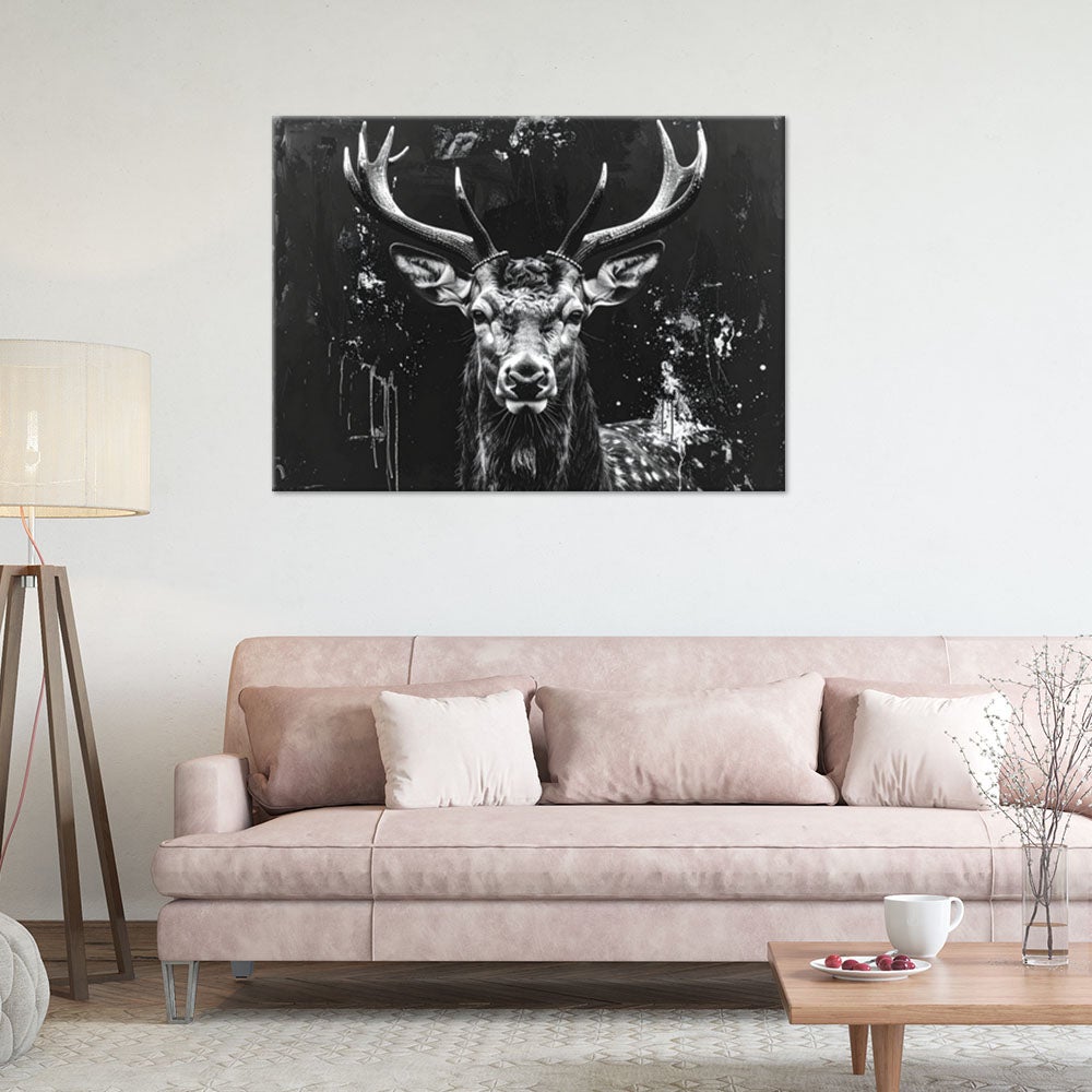 Obraz do salonu sypialni biura loftu, Srebrny Jeleń na czarnym malowanym tle 90x60 - 2