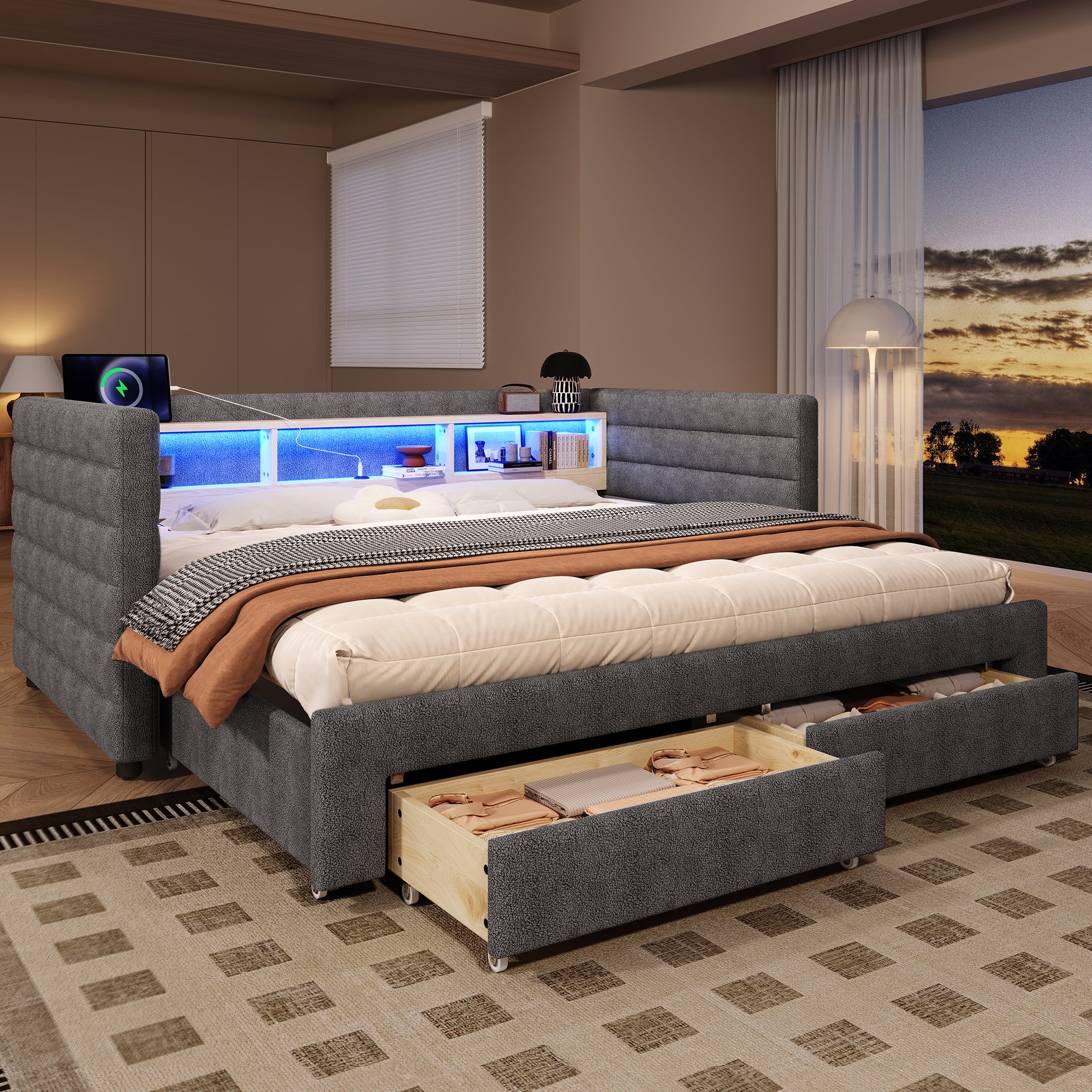 Łóżko wysuwane 90/180 x 190 cm z zagłówkiem i 2 szufladami, sofa rozkładana - Aksamit - LED-y i gniazda USB, typu C - Szare (bez materaca)