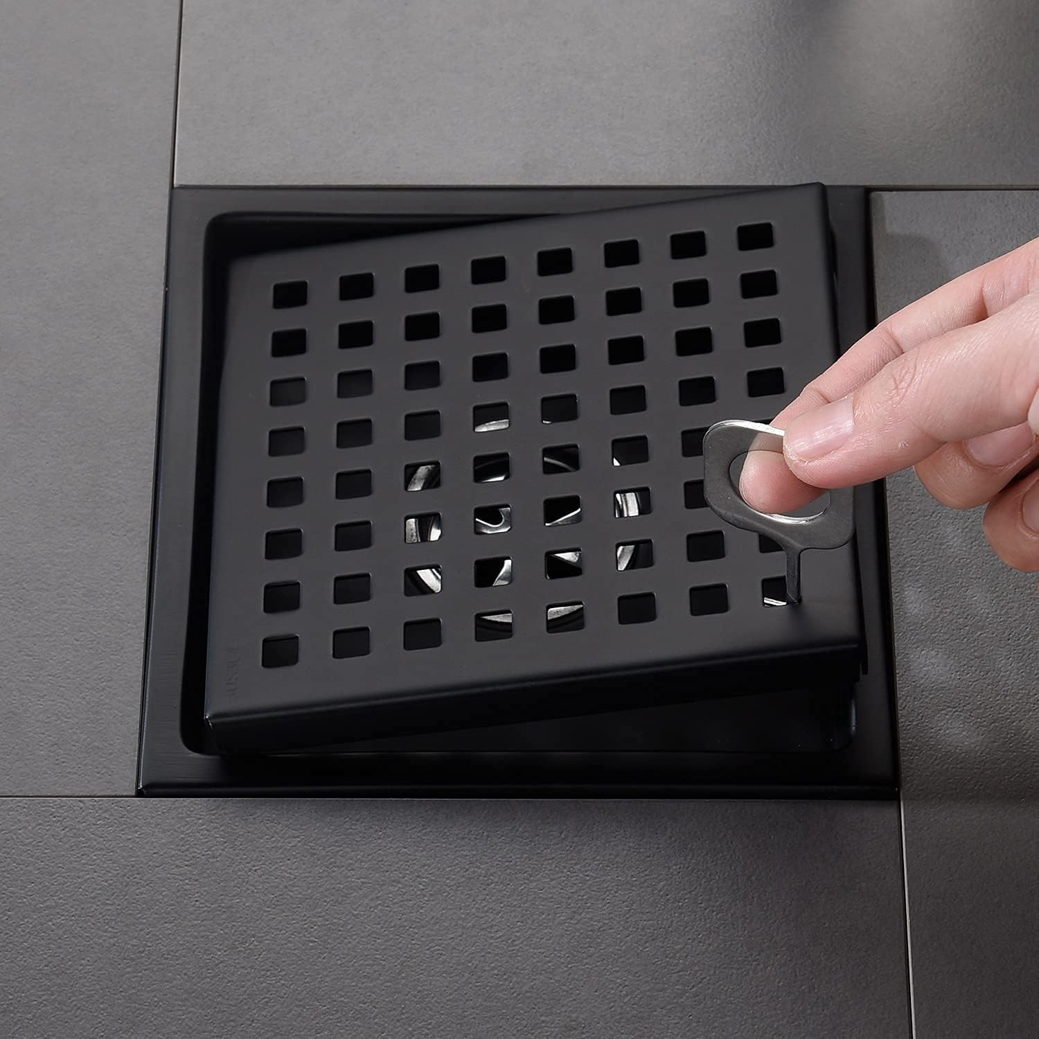 Ralo de piso para chuveiro quadrado de 6 polegadas, preto fosco, grade com tampa removível, aço inoxidável SUS304 - 3