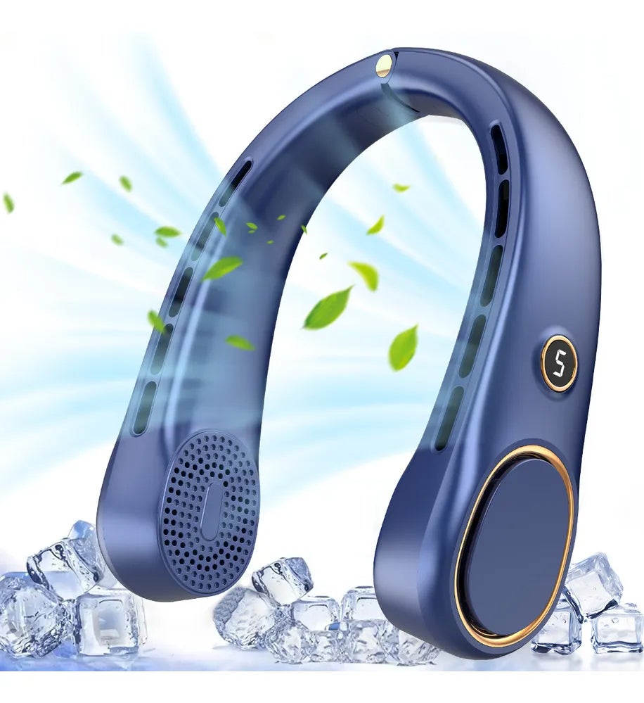 Bezprzewodowy wentylator na szyję, bez łopatek, przenośny i ładowalny, chłodzenie 360°, pięciostopniowa regulacja prędkości.