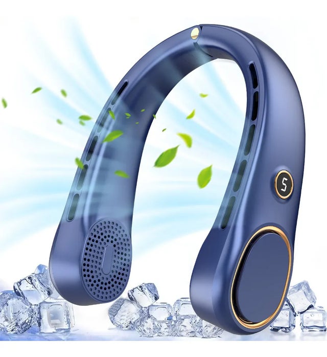 Ventilateur tour de cou mains libres sans pales, portable et rechargeable, refroidissement à 360°, réglage à cinq vitesses.