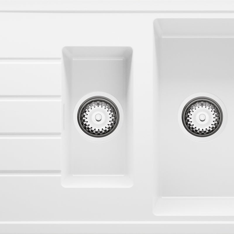 Zlewozmywak Biały 90x50cm, Zlew Kuchenny 1,5 Komorowy + Syfon, Nablatowy do szafki od 60cm - Kopenhaga Duo PRIMAGRAN