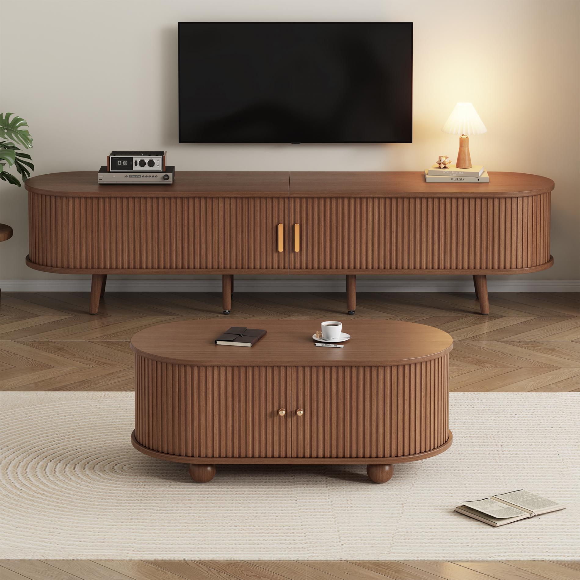 Owalny stolik telewizyjny i stolik kawowy z MDF z miejscem do przechowywania – minimalistyczny, nowoczesny design, nogi z litego drewna