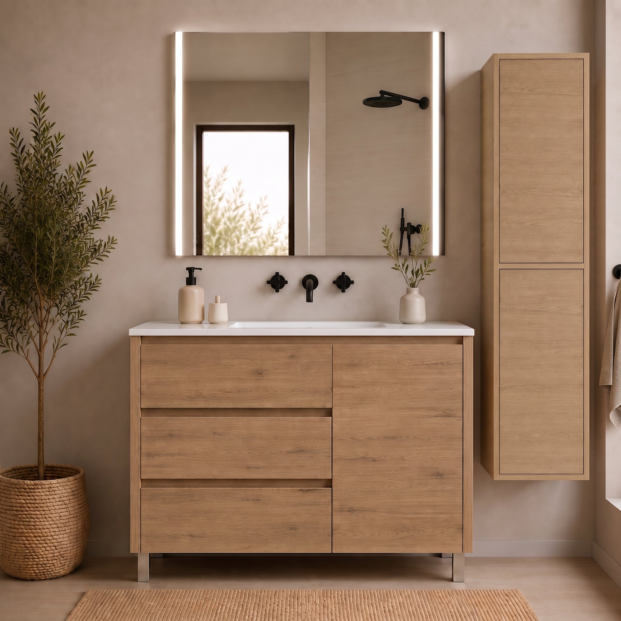 Mobilier de baie con 3 cajones, puerta y lavabo ORIGENBATH VOLUM fără oglindă 90x40 cm estepa cu coloană