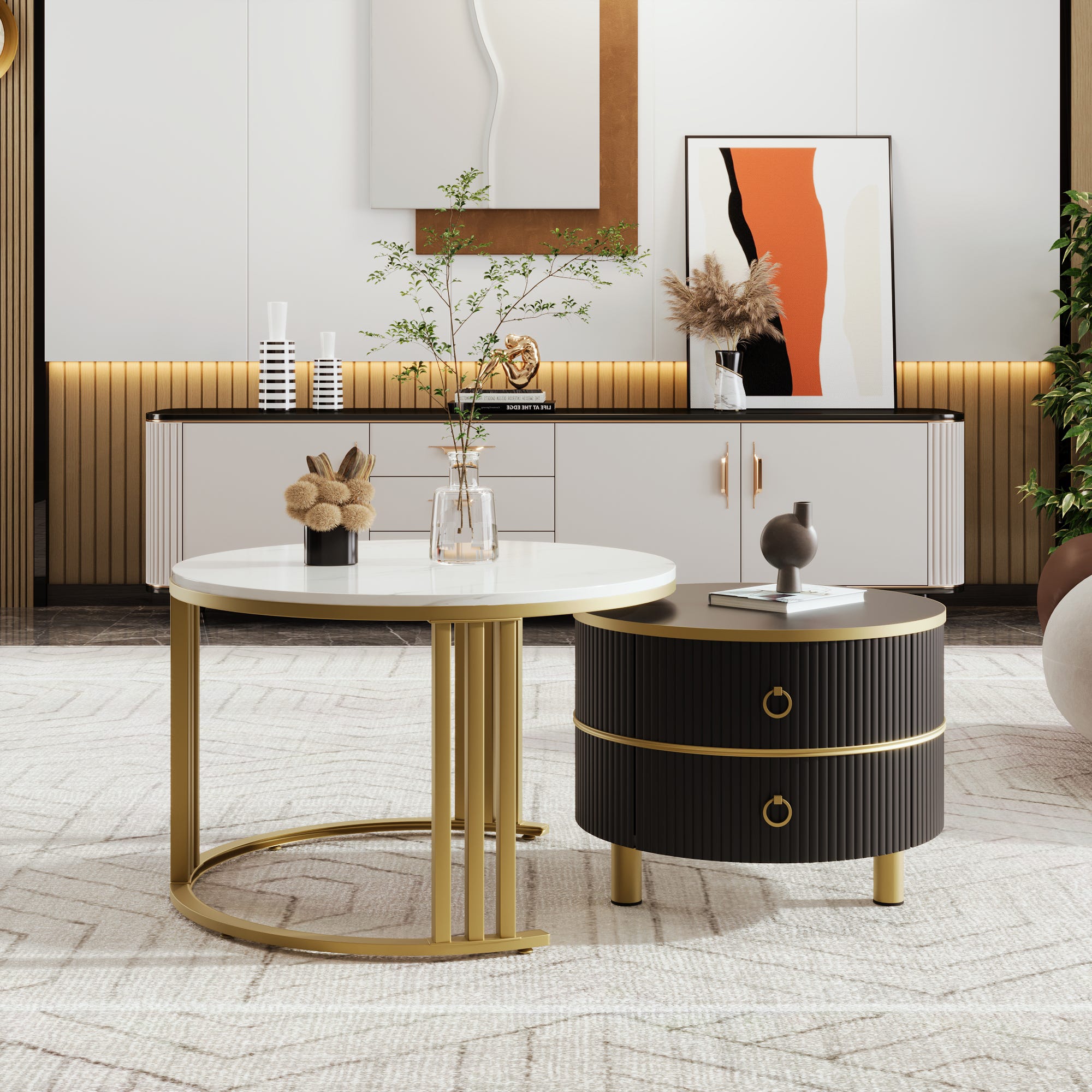 Lot De 2 Tables Basses Gigognes Design - Plateau Imitation Marbre, Cadre Doré - Pour Salon Moderne