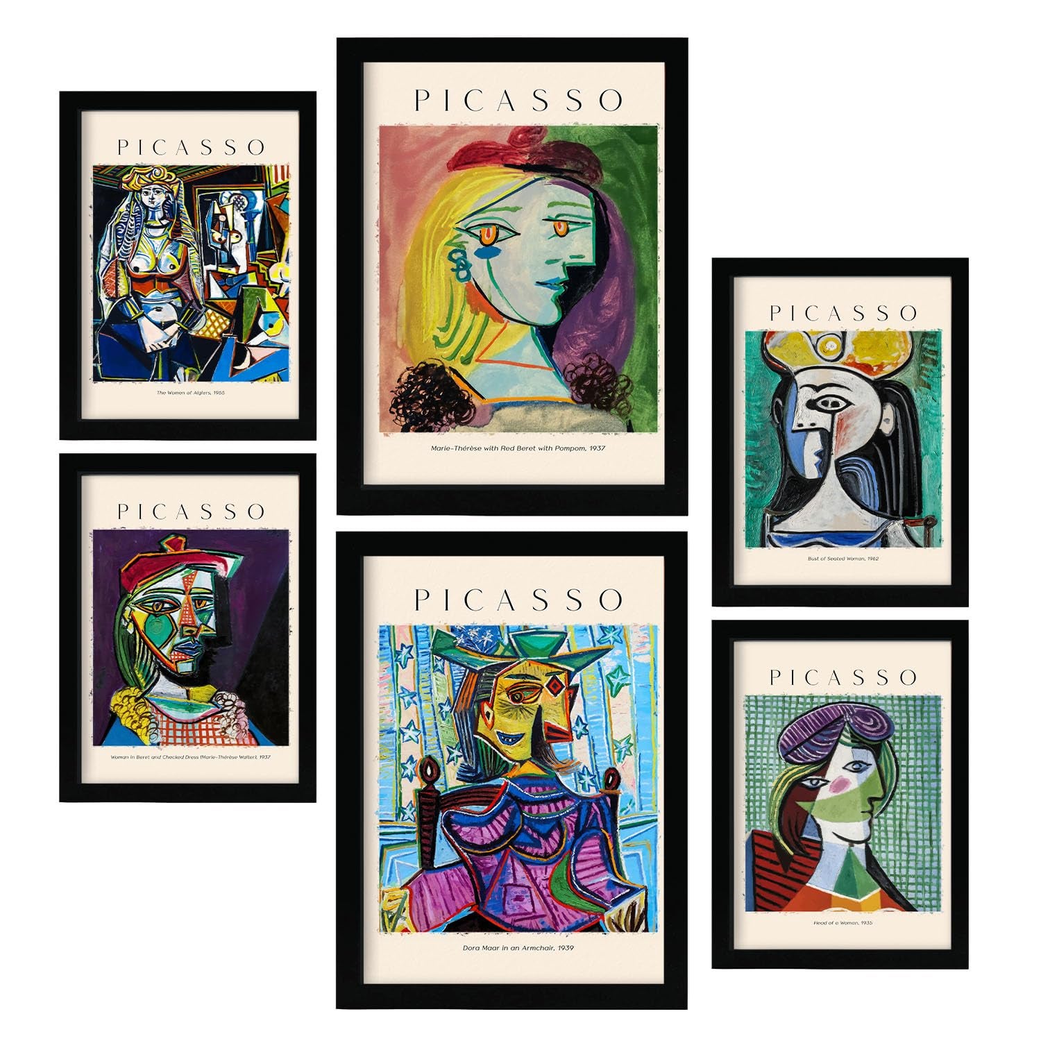 Lámina poster set 6 de picasso 2 colección de obras de arte cuadros decorativos para tu salón hogar estampados a4 y a3 con negro marcos marco negro