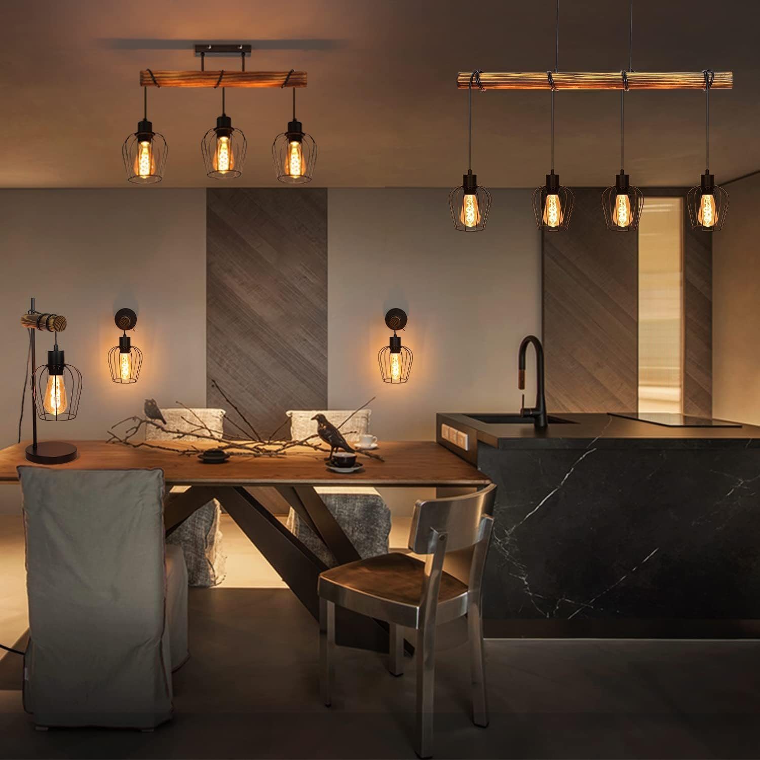 NETTLIFE Suspension rétro lampe à suspension vintage en bois industriel noir E27 - 9