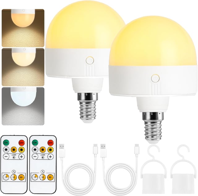 Lot de 2 ampoules rechargeables avec minuterie et télécommande, ampoule à piles à intensité variable, E14, 3 températures de couleur