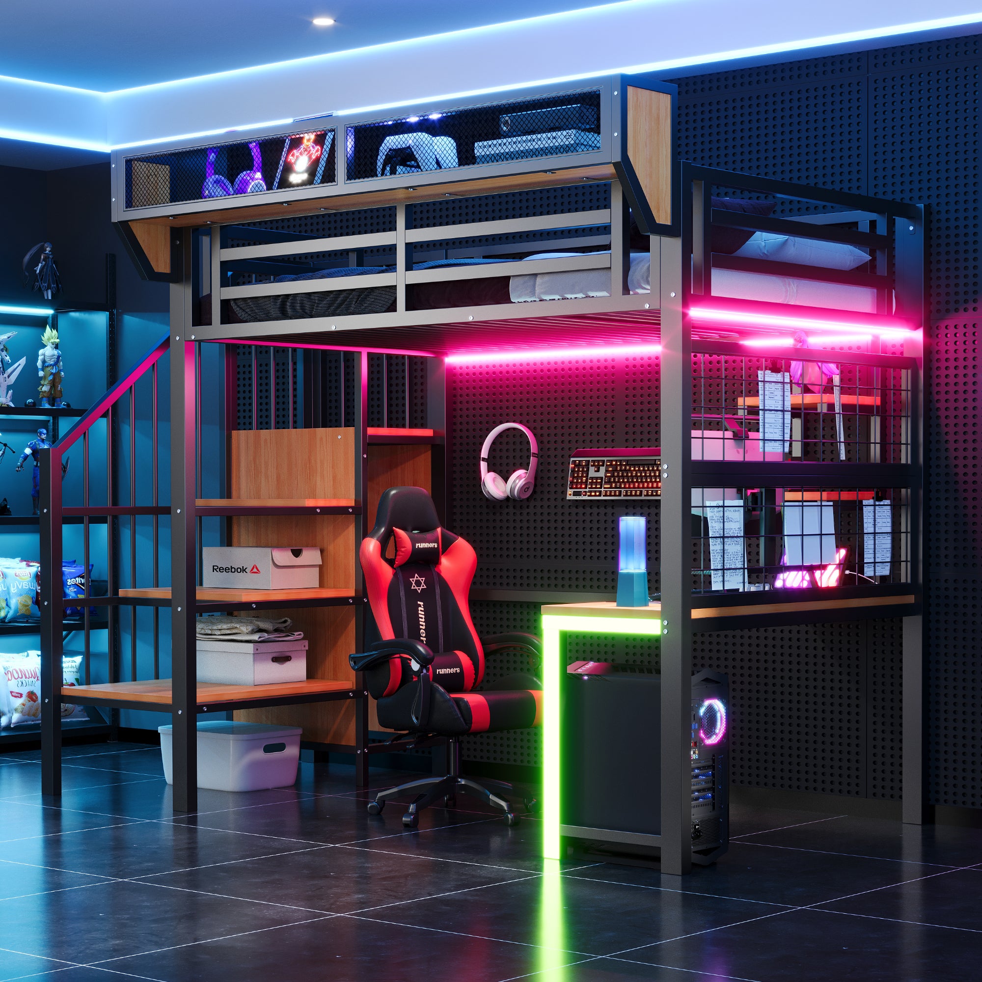 Lit Mezzanine en Métal 90x200 cm avec Bureau, Armoire et Échelle de Rangement, Lit superposé avec LED et Prises, Lit enfant Noir, Sans matelas - 3
