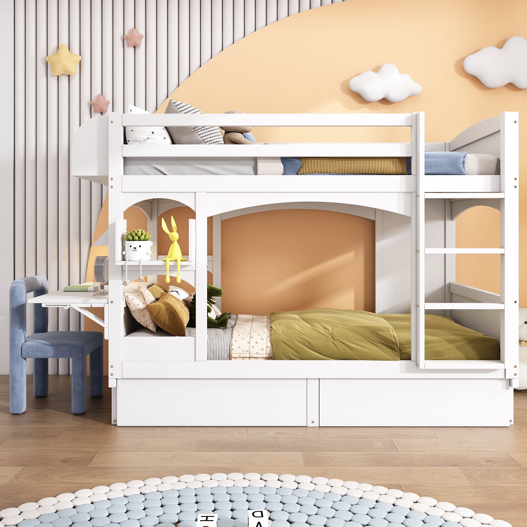 Lit superposé en bois et MDF - 90x200 cm - avec 2 tiroirs et bureau pliable - Blanc(sans matelas) - 2