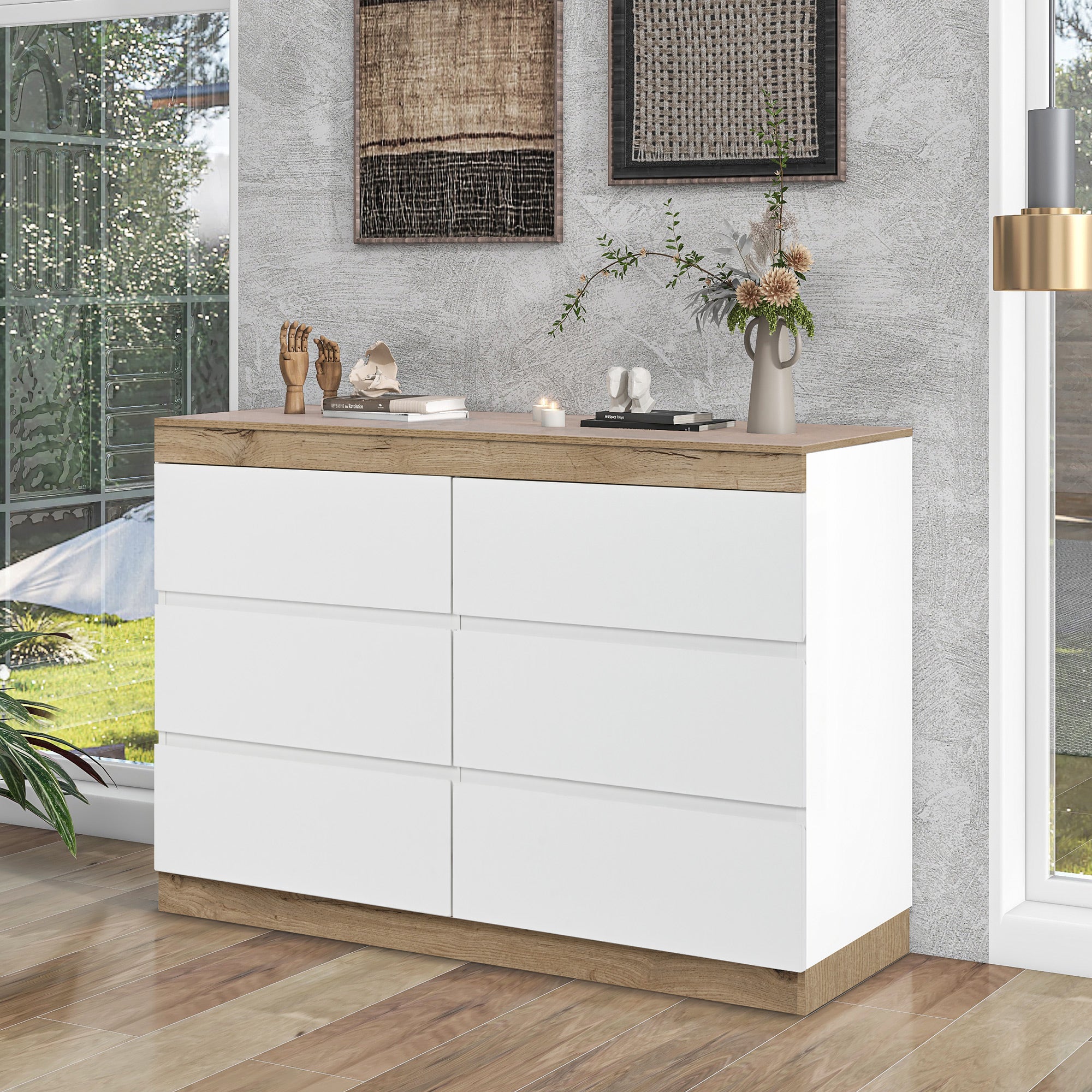Commode à 6 tiroirs, pour chambre et salon, blanc et chêne - 2