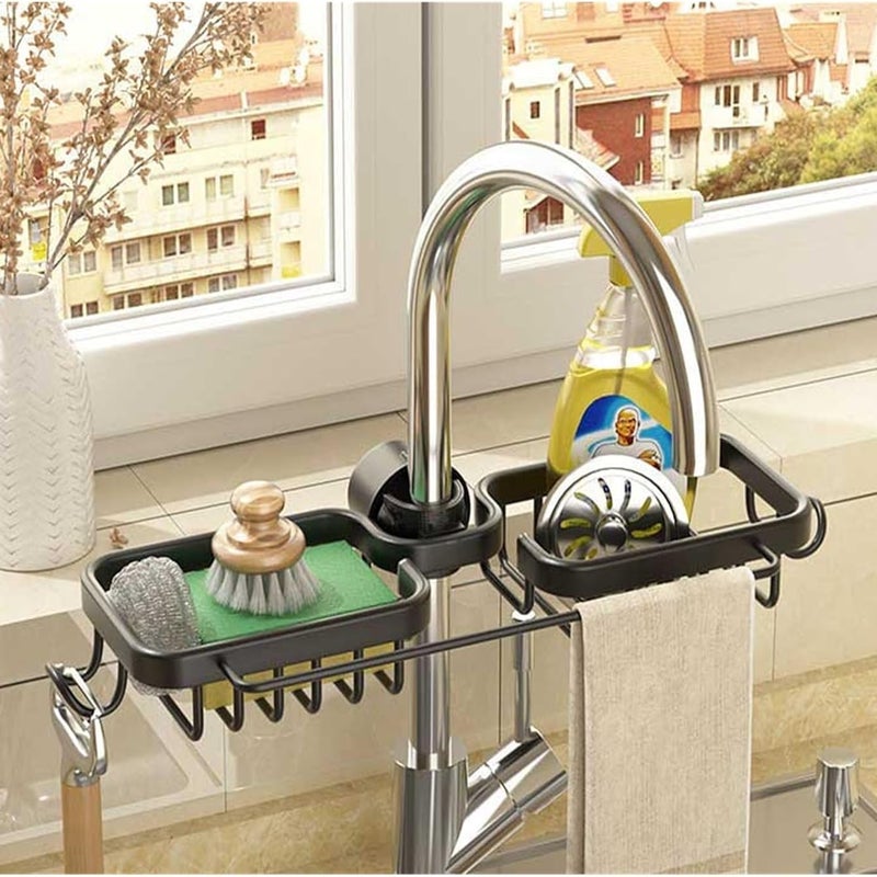 Dwupoziomowa półka prysznicowa w kolorze szarego metalu, 36 x 13 x 3,9 cm, 1 aluminiowa mydelniczka prysznicowa, kosz spustowy kuchenny bez wiercenia