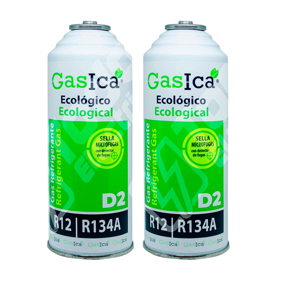 PACK de 2 bouteilles Gasica D2 de gaz réfrigérant de substitution R12 et R134A et tuyau avec manomètre, gants et thermomètre - 2