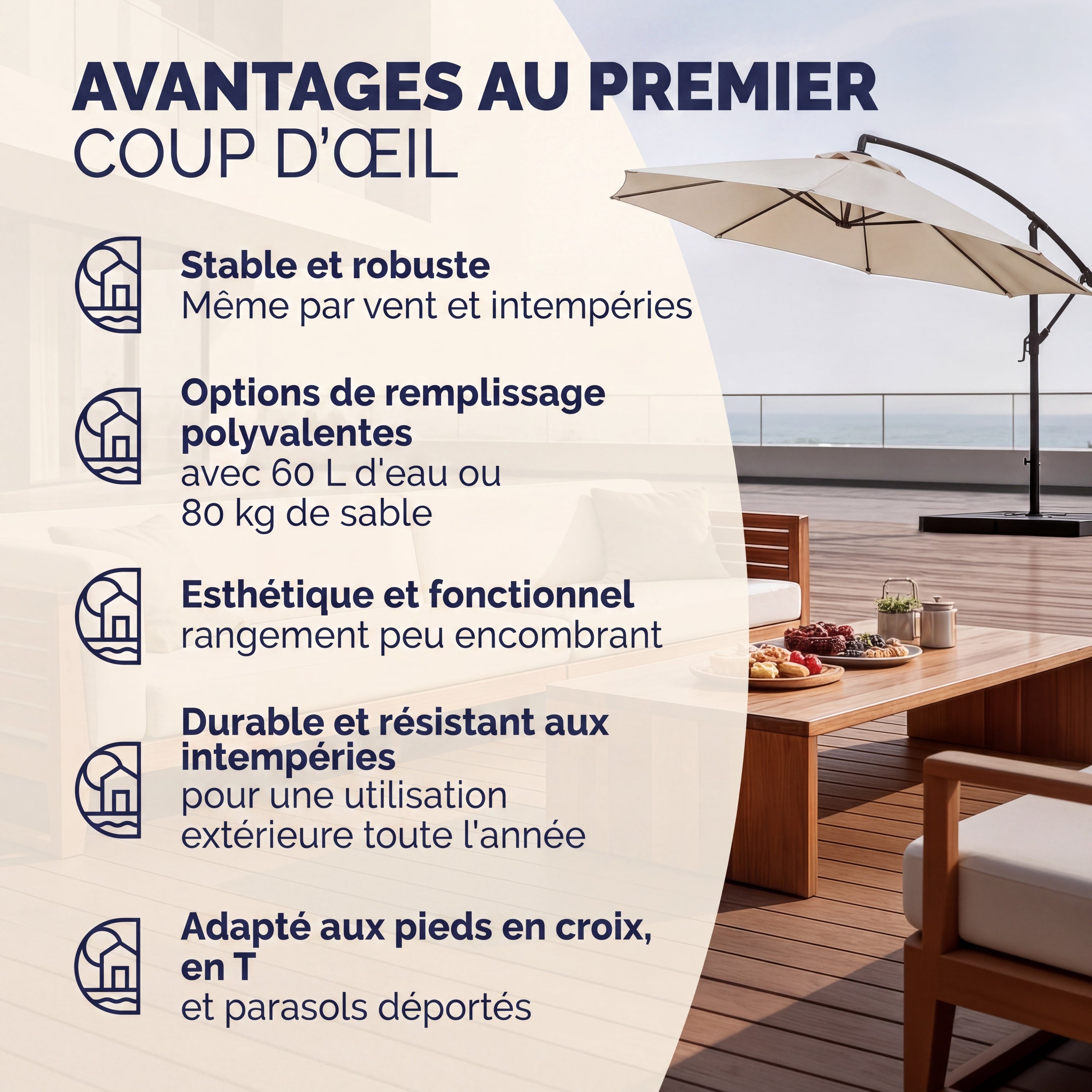 CASARIA® Set de 4 Dalles de Lestage HDPE Parasol avec Pied en croix Base 105x105cm Remplissable 60L Eau ou 80kg de Sable Support de parasol - 9