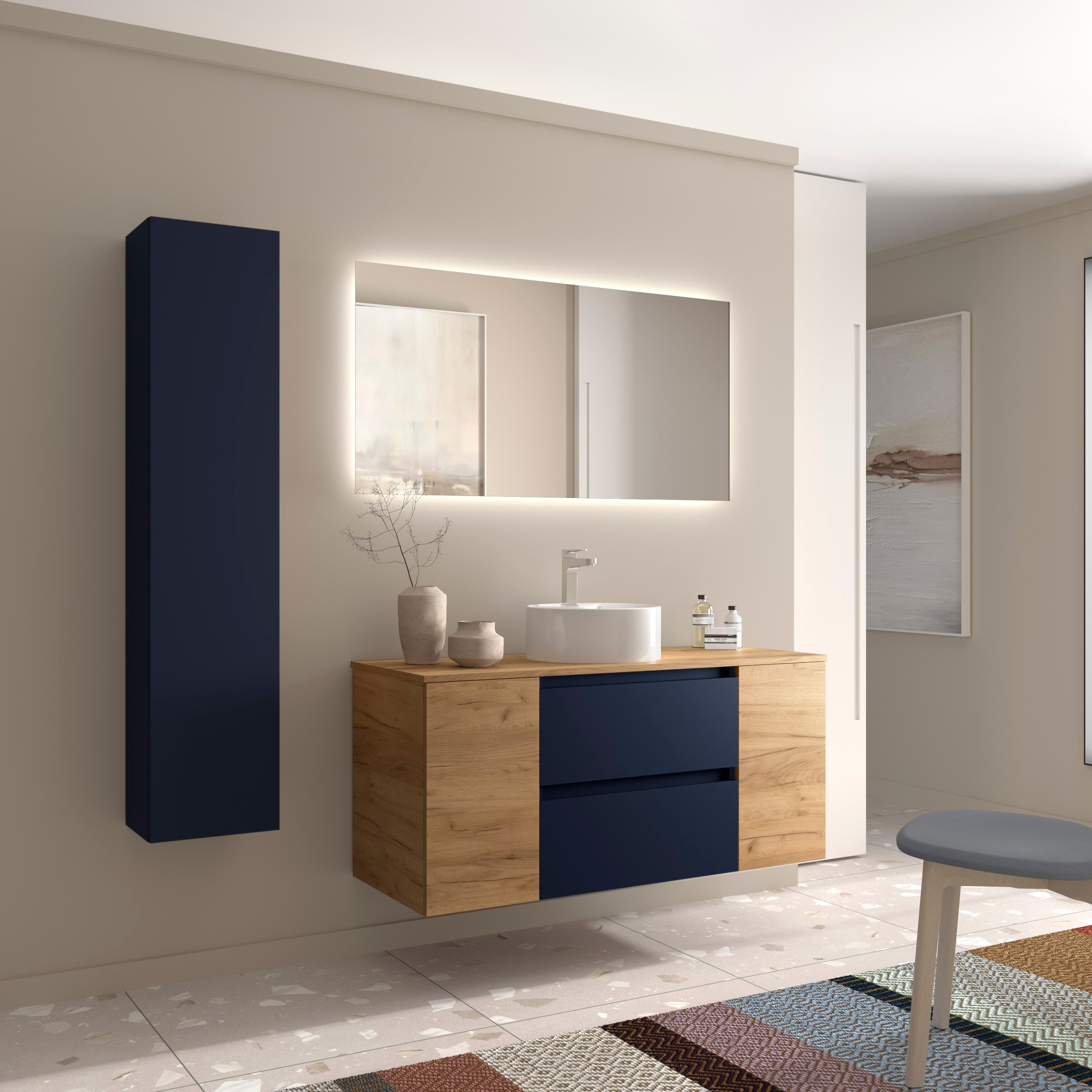 Meuble de salle de bain BEQUIA Plus 120cm Bleu mat /Chêne | Vasque à poser Porcelaine Centrale - 2