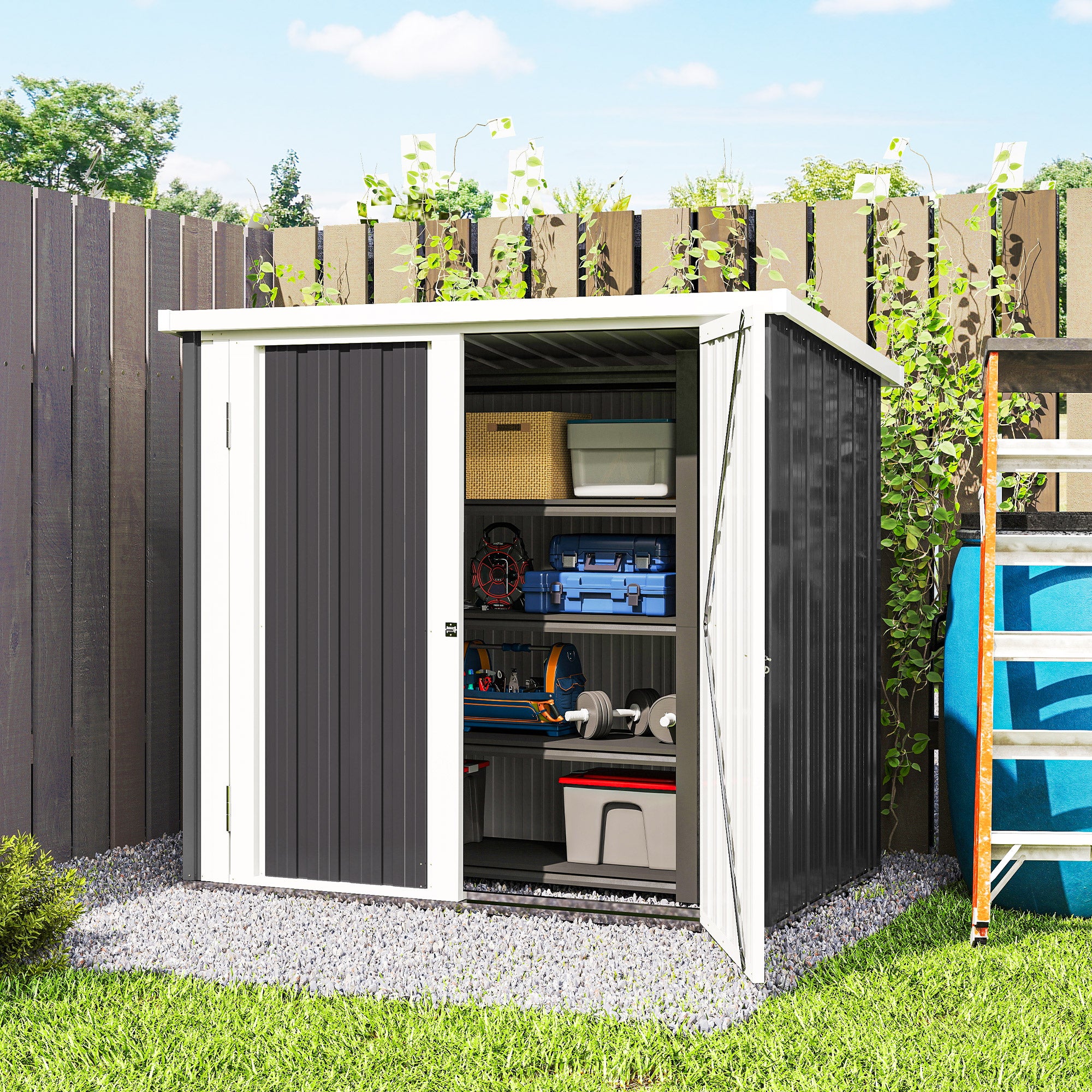 Outsunny Casetta da Giardino in Lamiera di Acciaio con Doppia Porta, 147x86x134cm, Nero e Bianco - 9