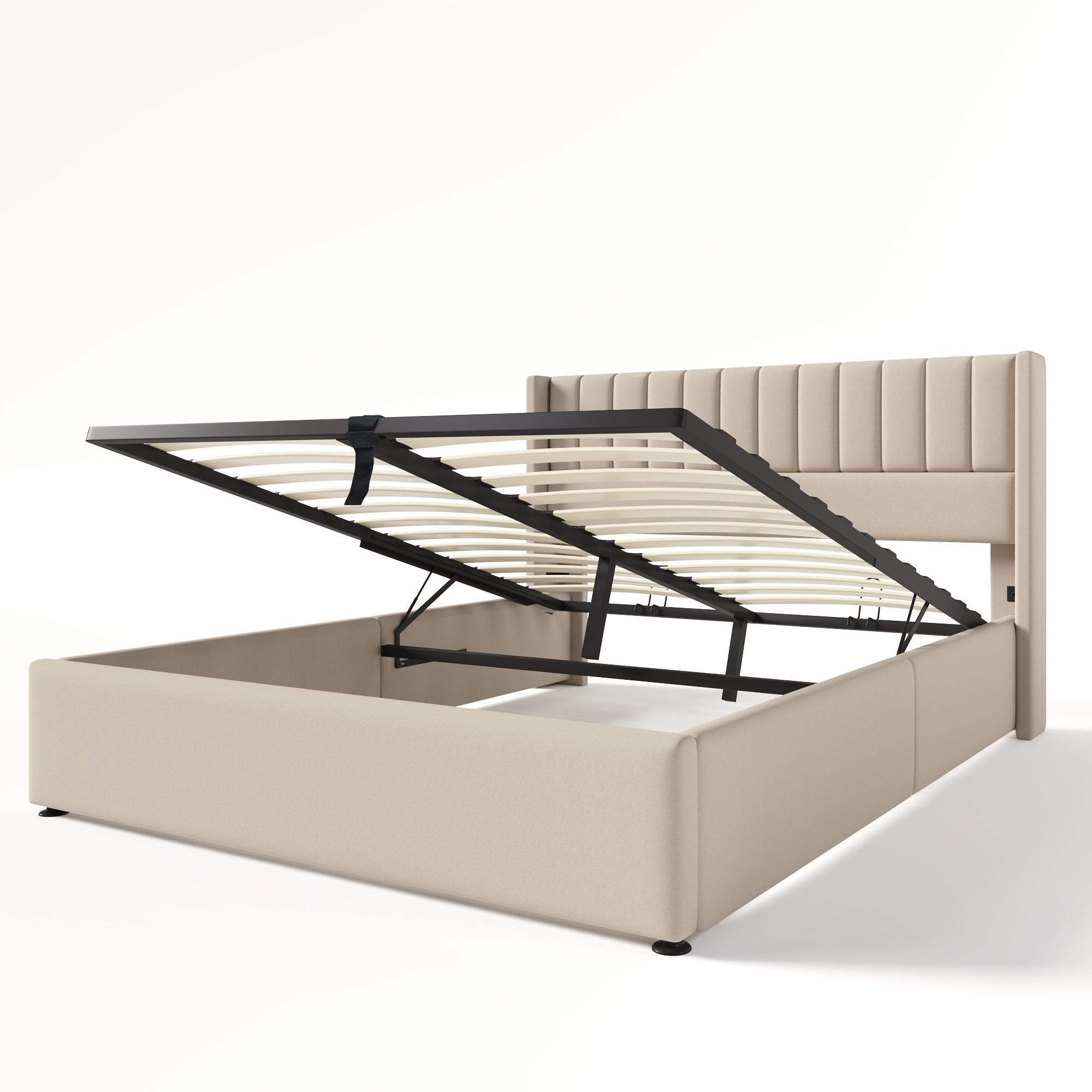 Cama estofada com arrumação 140x200cm em linho com base de ripas - Bege - 6