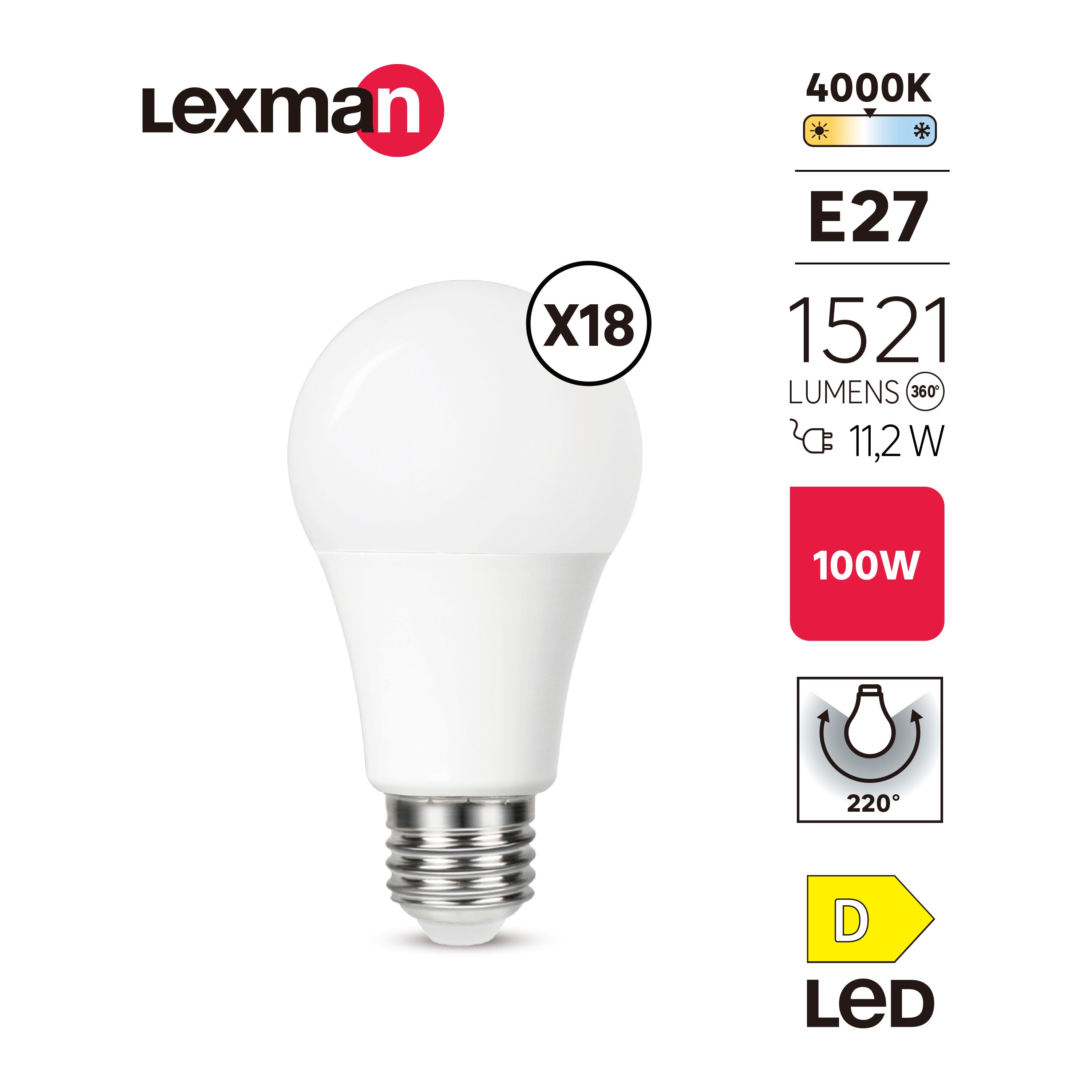 LEXMAN - Opakowanie 18 żarówek LED nieprzezroczystych - E27 - 1521LM - 11,2 W, co odpowiada 100 W - Ø 60 mm - 4000 K - Naturalna biel - 5