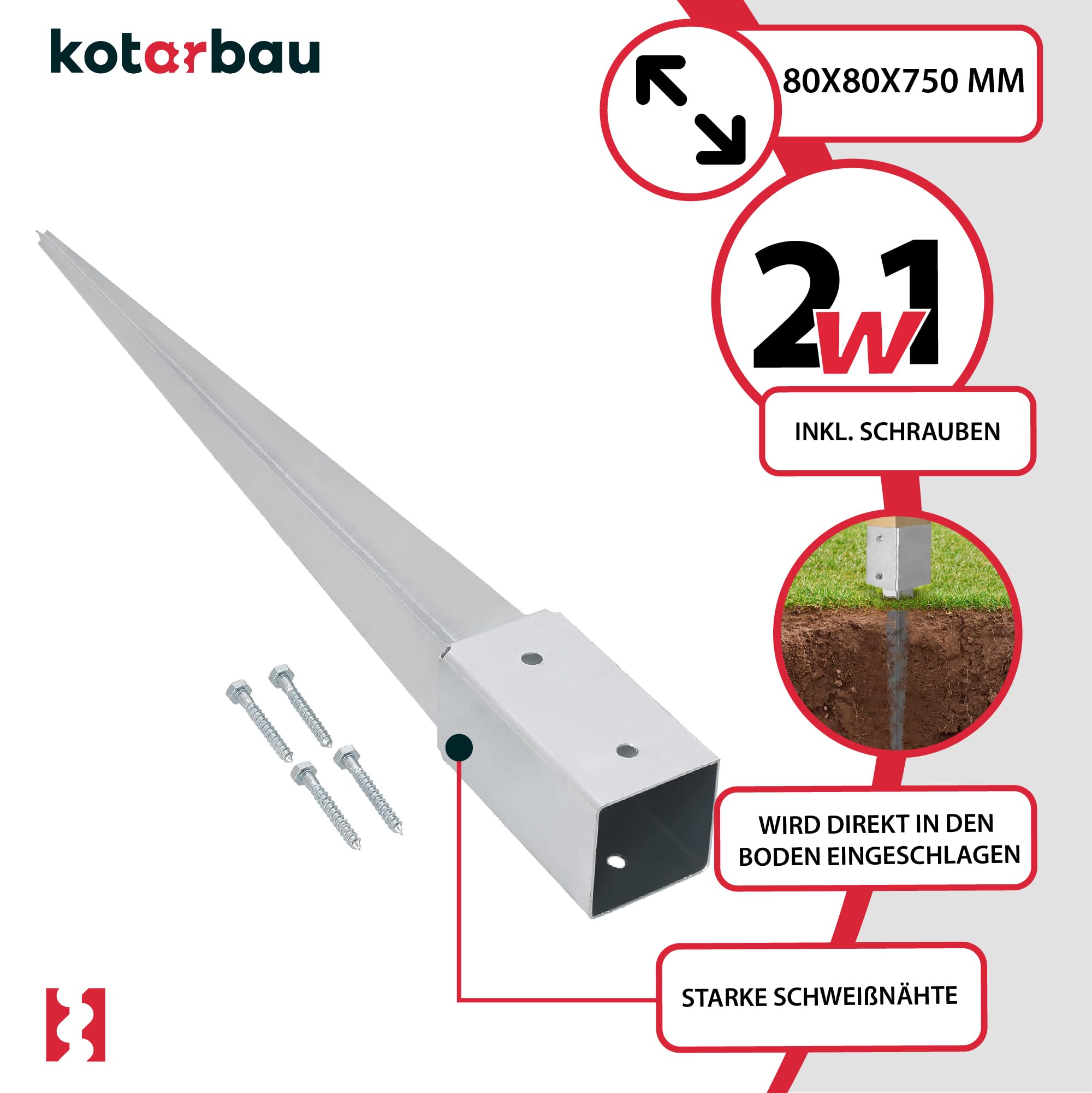 Lot de 4 Support de Poteau Bois - Acier Galvanisé - 75 cm - Argent - 81 x 81 mm - Support Poteau à Enfoncer - pour Clôture et Pavillon KOTARBAU - 4