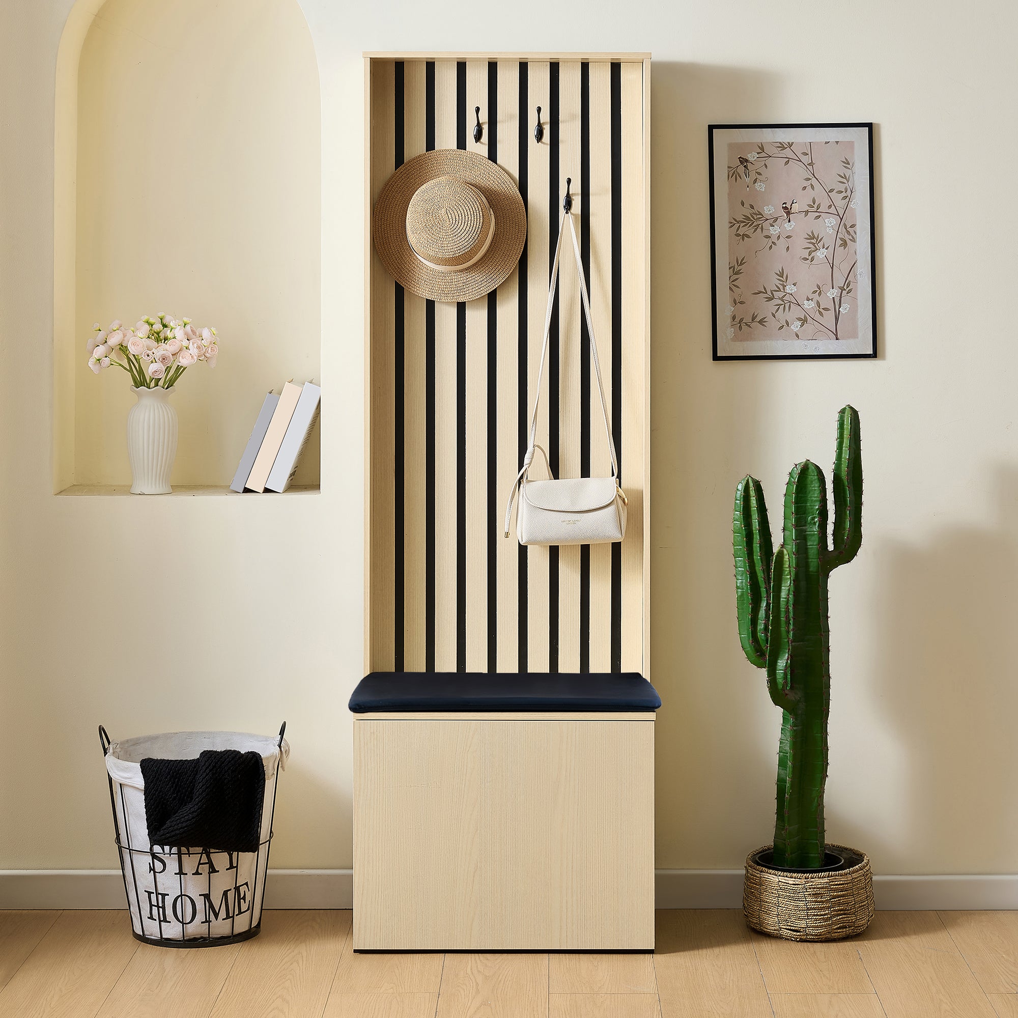 Zestaw wieszaków na ubrania do przedpokoju 61 x 35 x 179,5 cm - Z ławką i szafką na buty - 1 opuszczane drzwi - Z 4 haczykami - Naturalny
