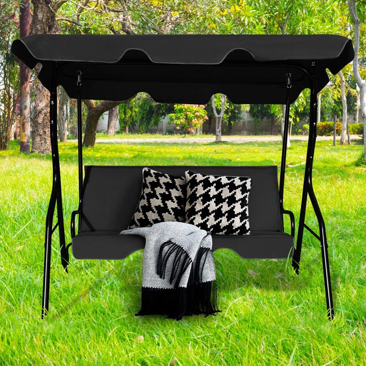 Baloiço de jardim de 3 lugares com teto impermeável 170 x 110 x 153 cm (preto) - 2