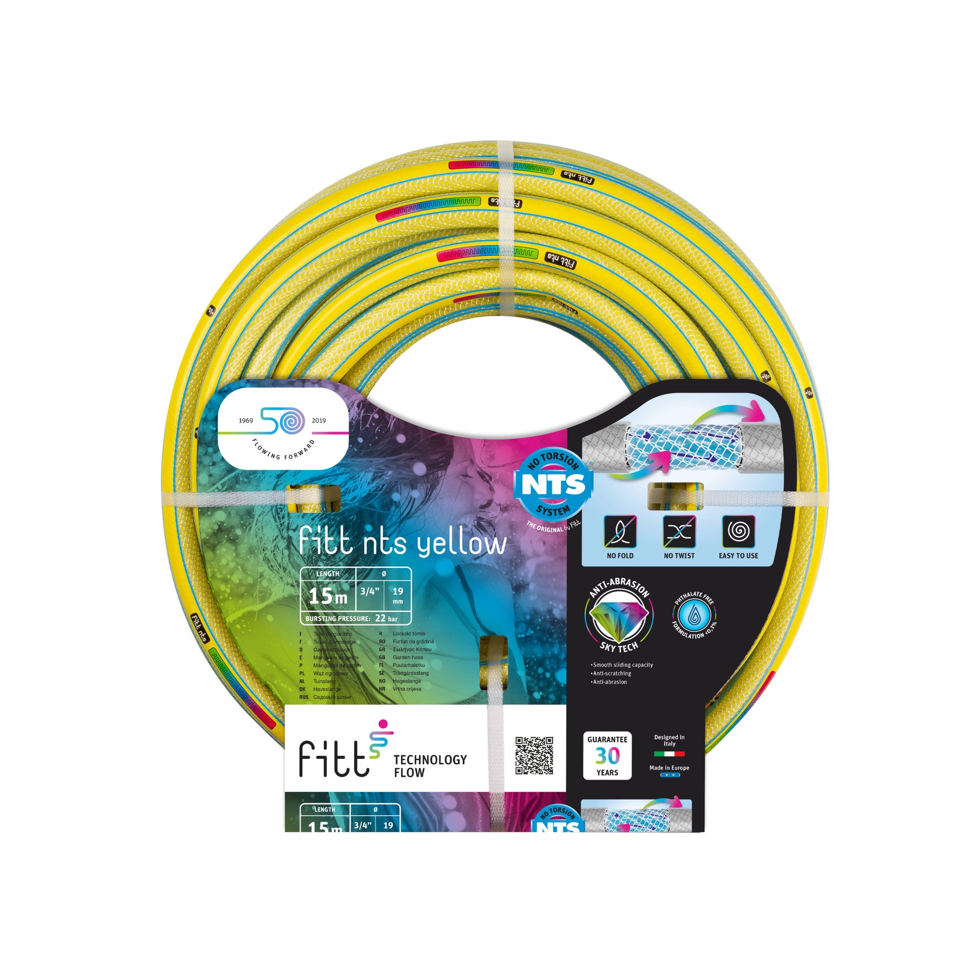 Tuyau D'arrosage FITT NTS Jaune 19mm - 15m - Résistant UV - Garantie 30 Ans - Usage Intensif