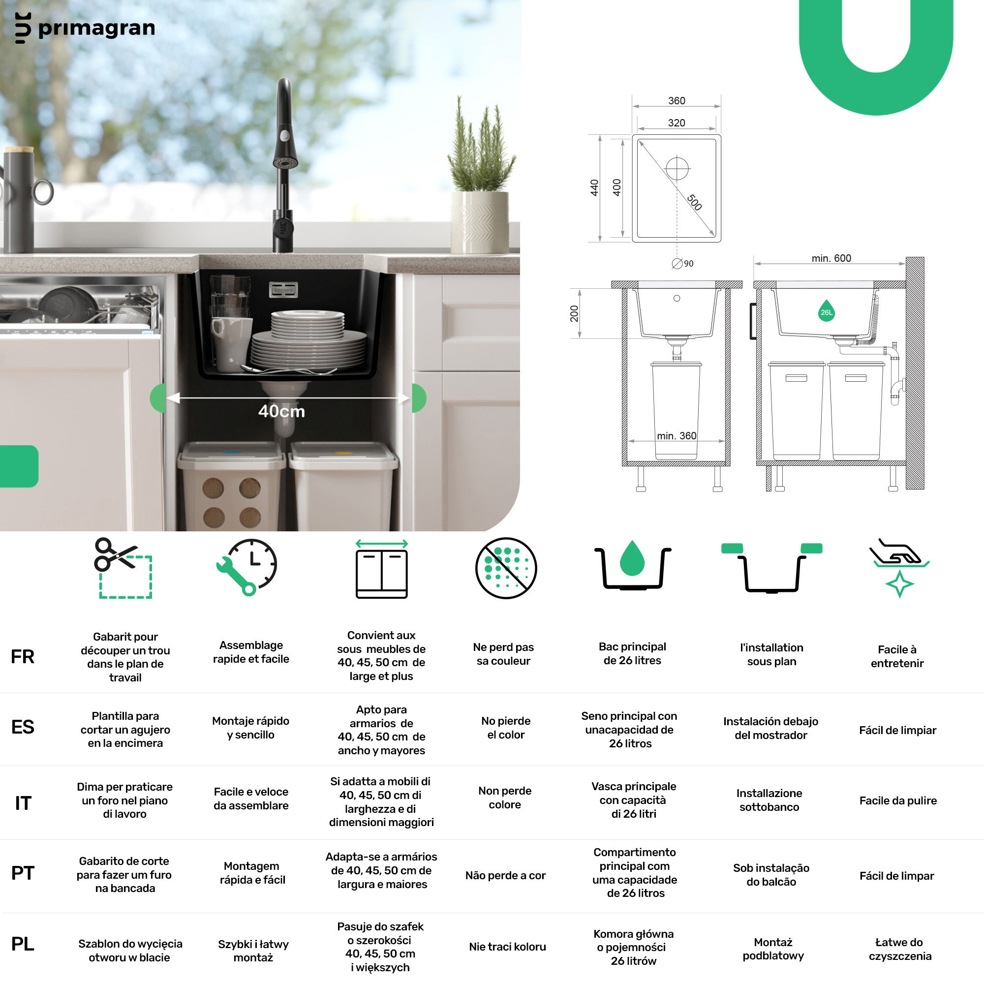 Lavandino sottotop Nero 36x44cm, Lavello in Granito a 1 vasca + Sifone Classico + Accessori, Lavabo da Cucina al mobile 40cm - Venezia Easy PRIMAGRAN - 6
