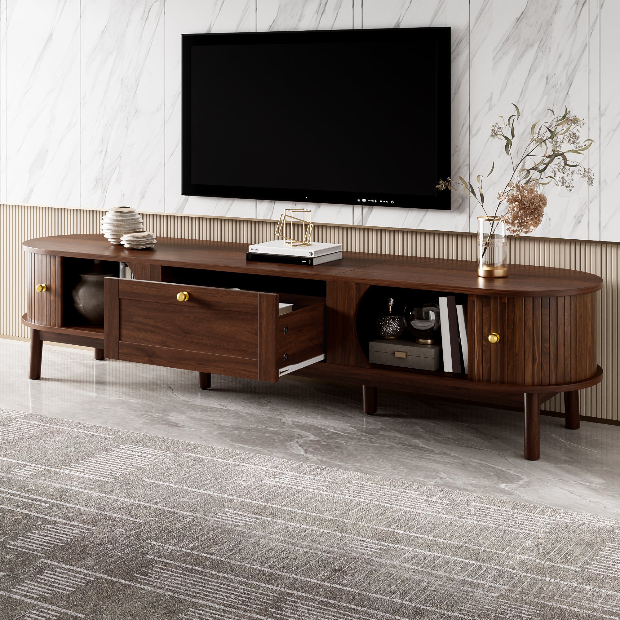 Nowoczesna szafka RTV z 2 drzwiami przesuwnymi i 1 szufladą - 170 x 39,5 x 38 cm - MDF i nogi drewniane - do salonu - orzech - 8