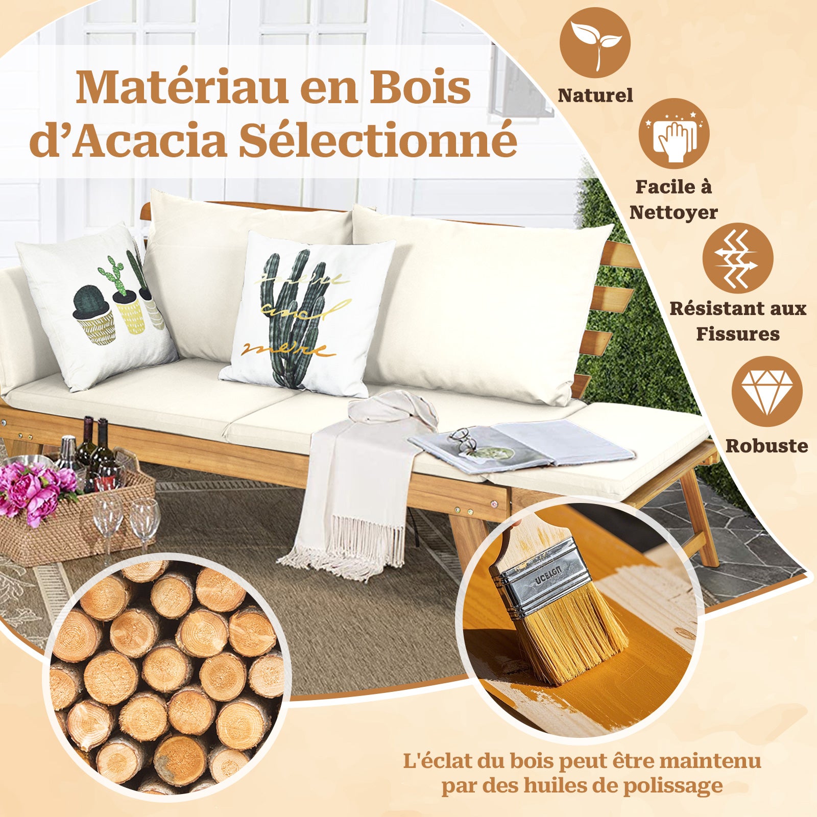 3 en 1 Canapé Convertible Lit Jardin 2 Places-Bois d’acacia-FSC, Canapé Extensible Coussins Amovibles-Charge 320KG pour Balcon/Terrase, Blanc GIANTEX - 2