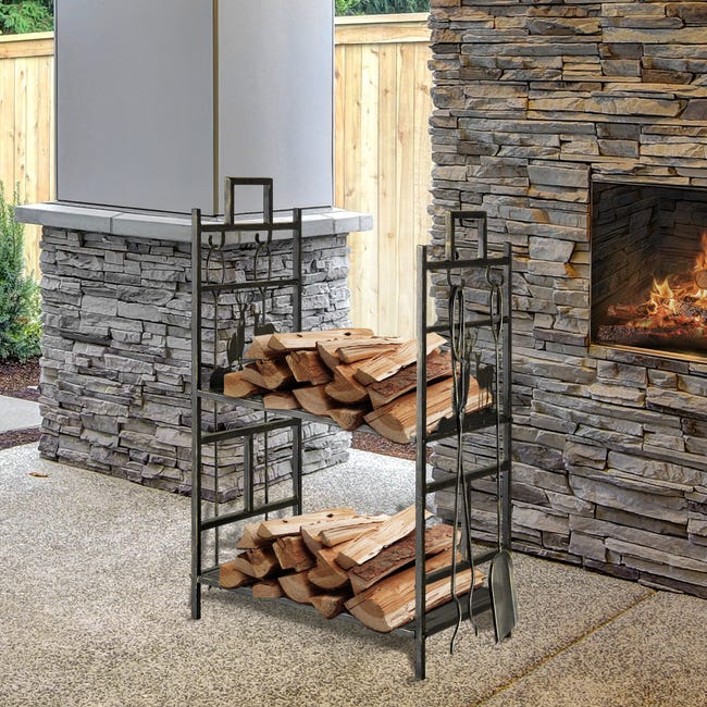 Outsunny - Portalegna Da Esterno Con 6 Gambe E 3 Ripiani, 123x32x115 Cm, Nero Resistente - Foto 9