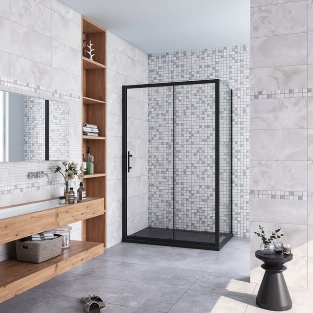 185 cm Box Doccia Angolare Porta Scorrevole con Parete Fissa Vetro Temperato 5 mm Trasparente Profilo Nero Opaco 120x80 cm